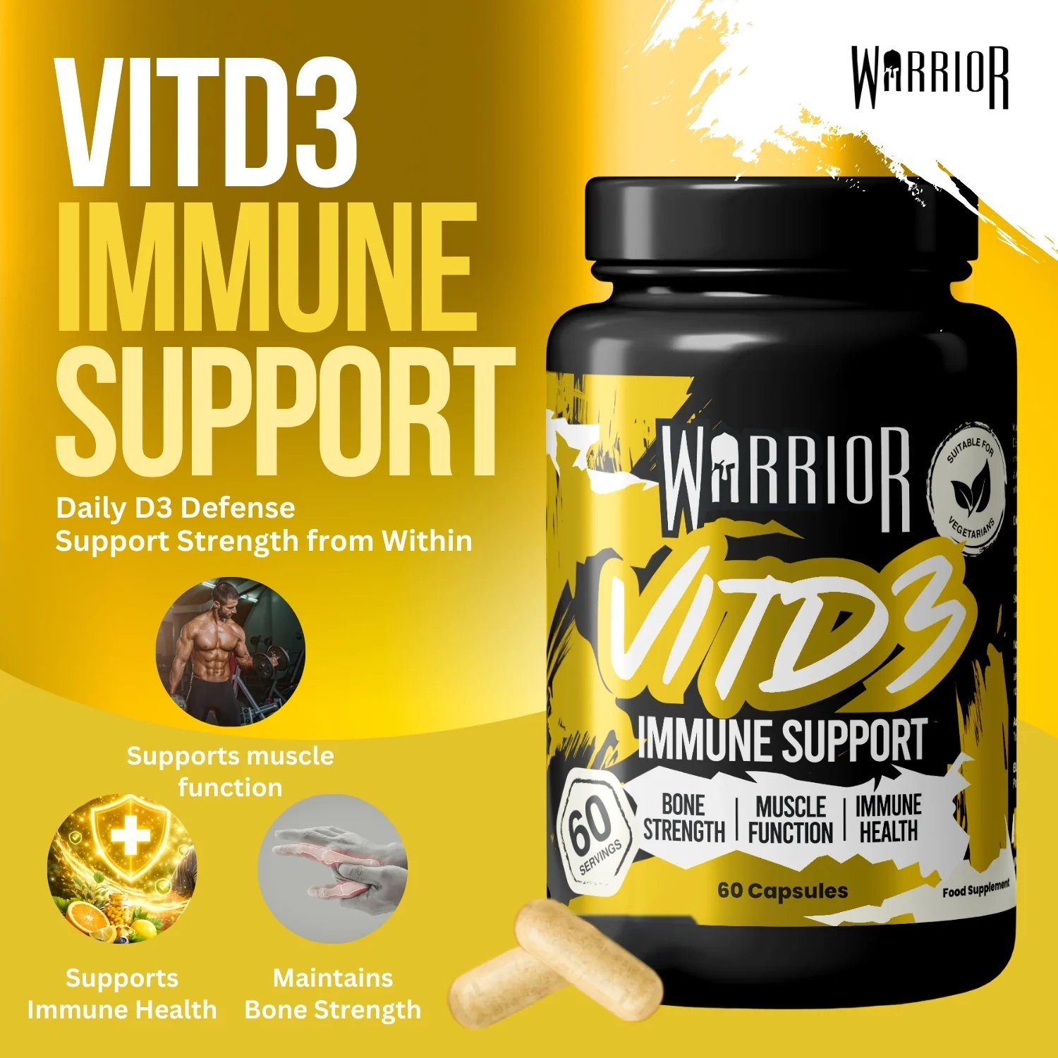 Warrior Vitamin D3 – 4000 IU (60 Tablets) | High Strength Immunity, Bone, Mood & Muscle Support - Image 2